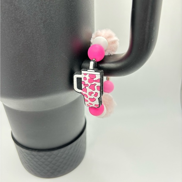 Beaded Silicone Focal Beverage Charm Stanley Cup Charm Pink Cow Leopard Print - Picture 4 of 4
